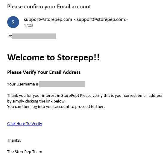 StorePep Account Verification Email