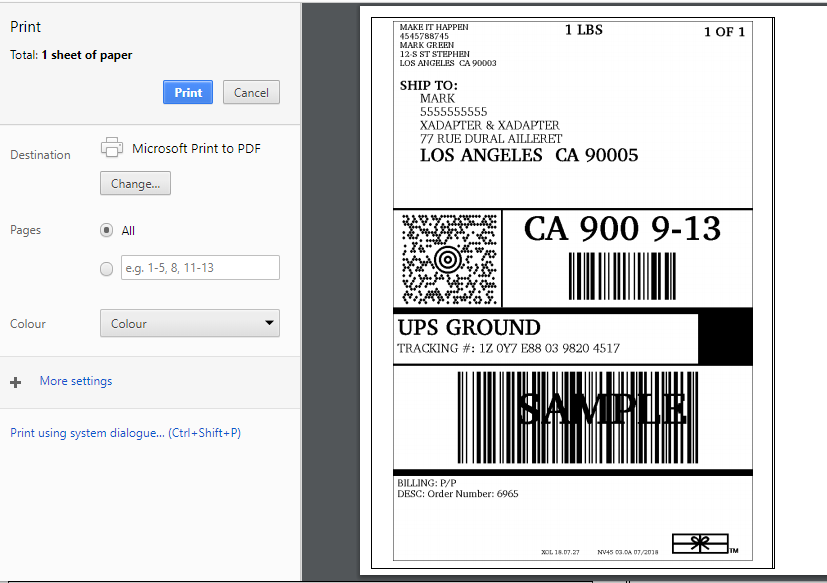 UPS Shipping label generated from StorePep